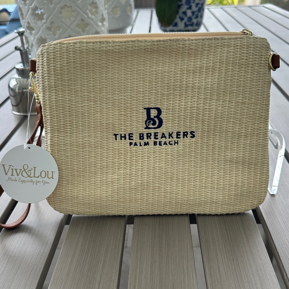 The Breakers Palm Beach Straw Wristlet - Navy Logo